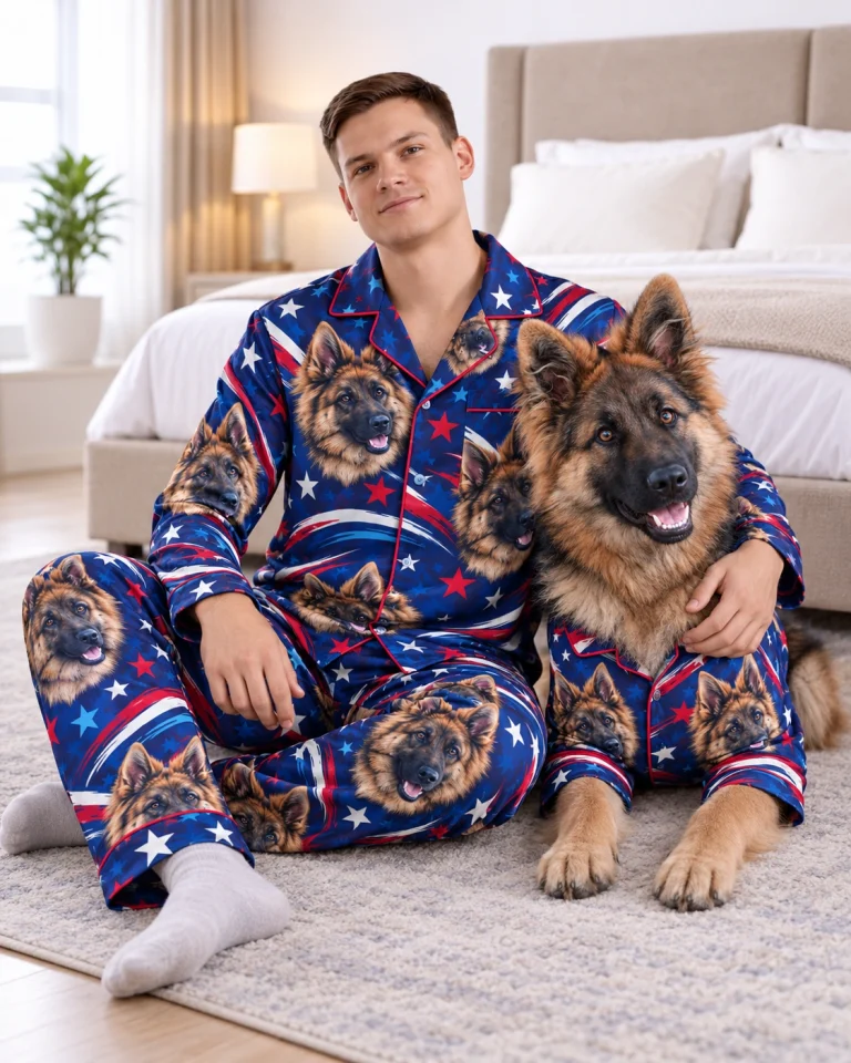 Man in 4th of July pajamas cuddling his German shepherd — MyDogPics