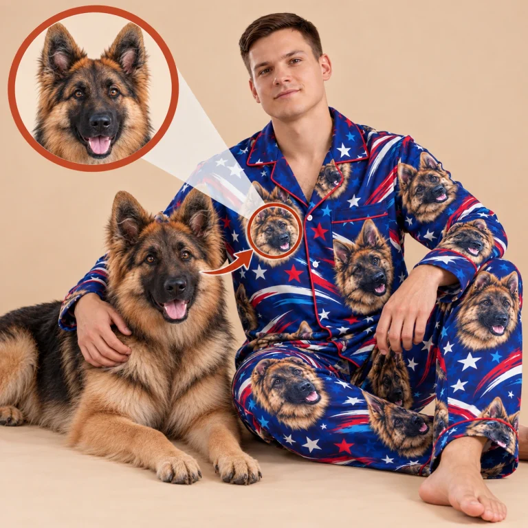 German shepherd pajamas example: a German shepherd photo turned into a patriotic all-over face print — MyDogPics