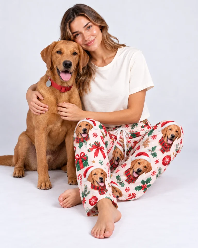 Woman in custom Christmas pajamas cuddling the golden retriever whose face is printed on them