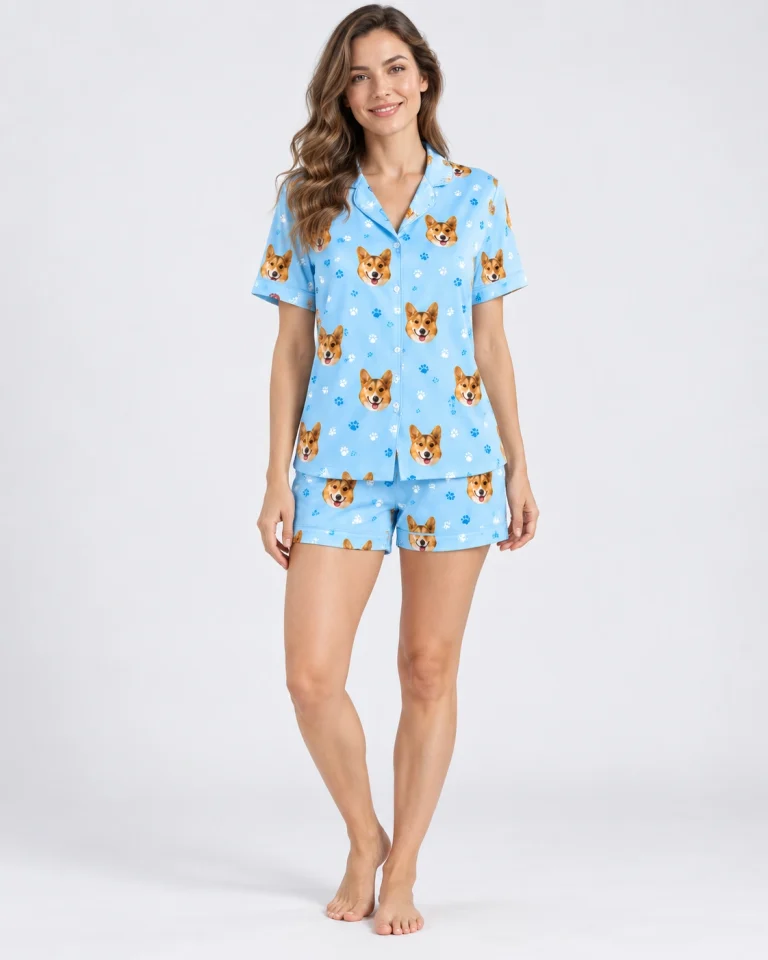 Woman wearing corgi pajamas for humans, corgi faces on sky blue satin with paw prints — MyDogPics
