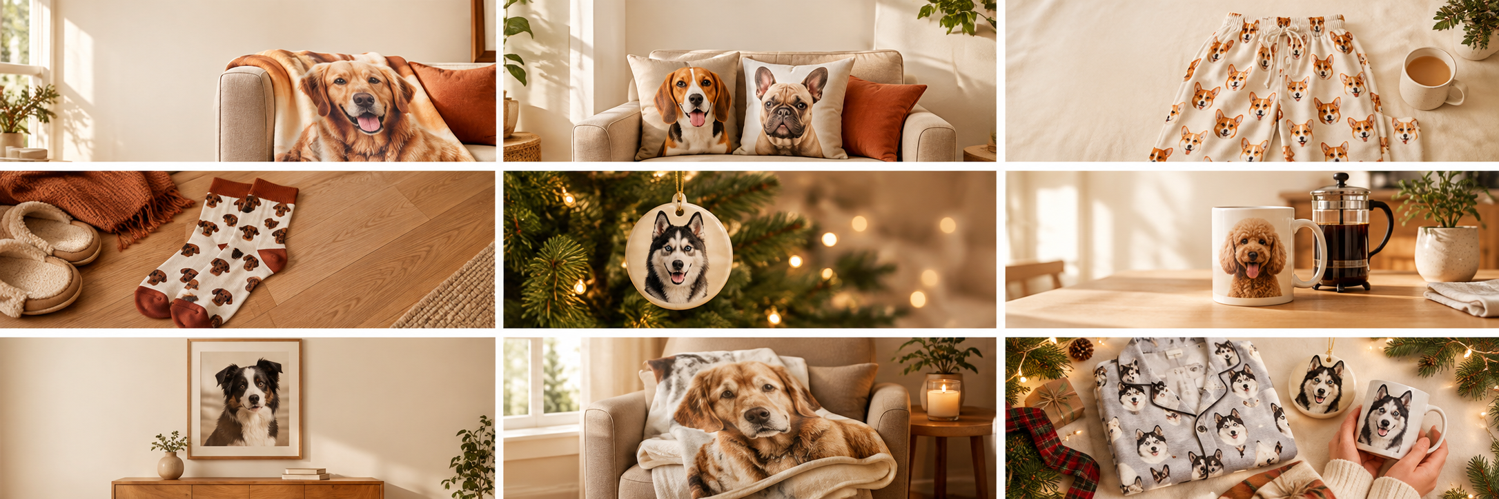 Grid of custom dog gifts made from photos: blanket, pillow, pajamas, socks, ornament, mug and portrait — MyDogPics