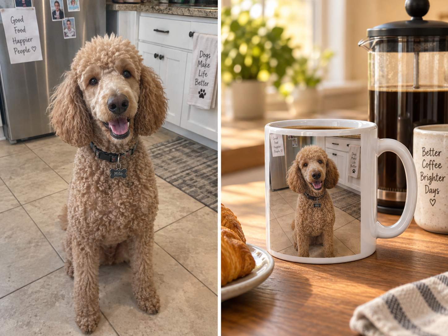 Poodle photo turned into a custom dog photo mug, before and after — MyDogPics