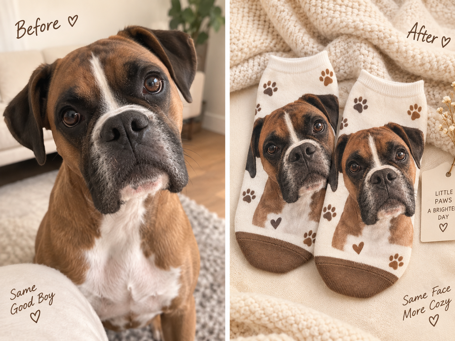 Boxer photo turned into custom dog face socks, before and after — MyDogPics