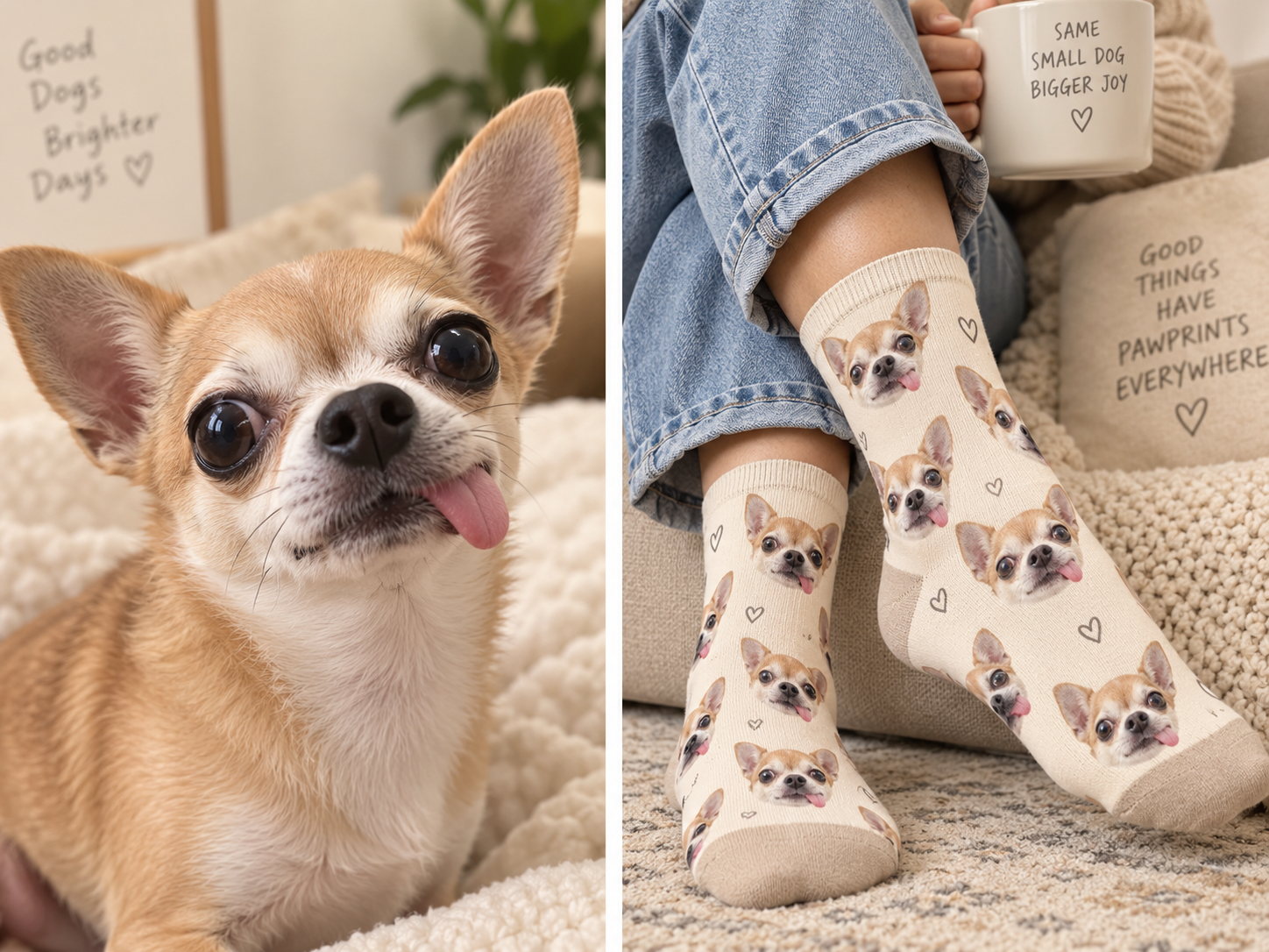 Person wearing custom dog face socks printed with a chihuahua's photo — MyDogPics