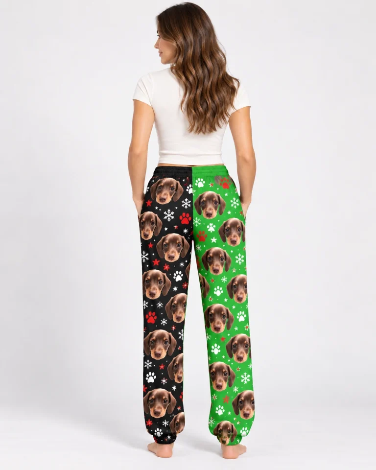 Back view of personalized pajama pants: the dog face print continues all the way round