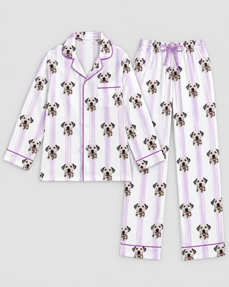 Flat lay of a satin shirt and pants printed with repeating Dalmatian faces — MyDogPics