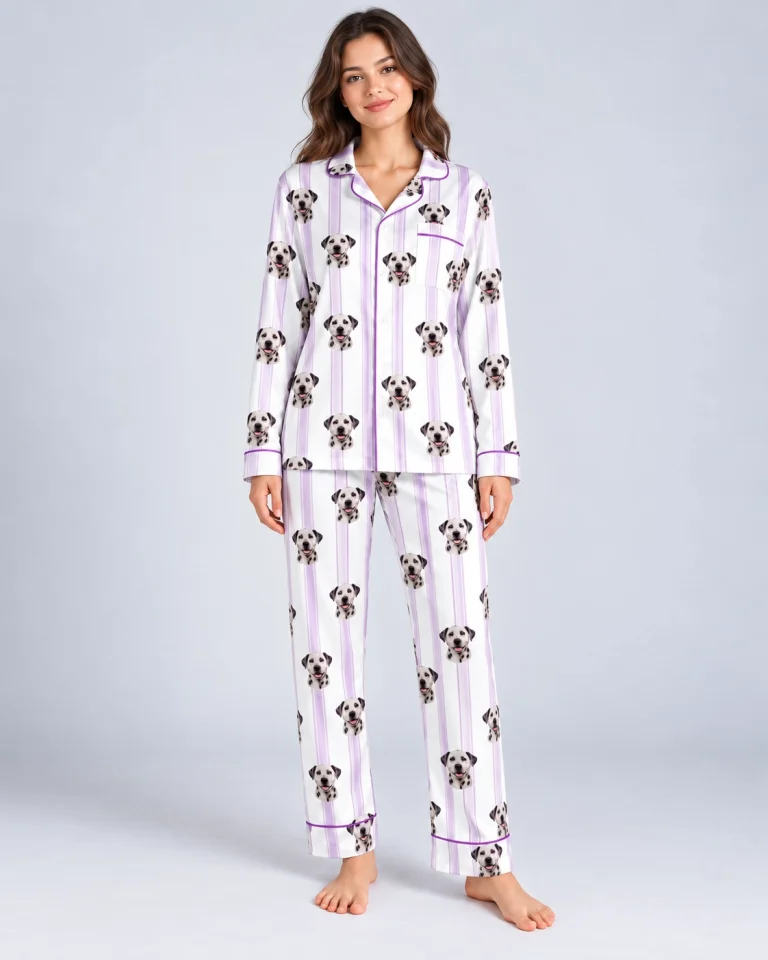Woman wearing dalmatian pajamas for humans, Dalmatian faces on white and lilac striped satin — MyDogPics