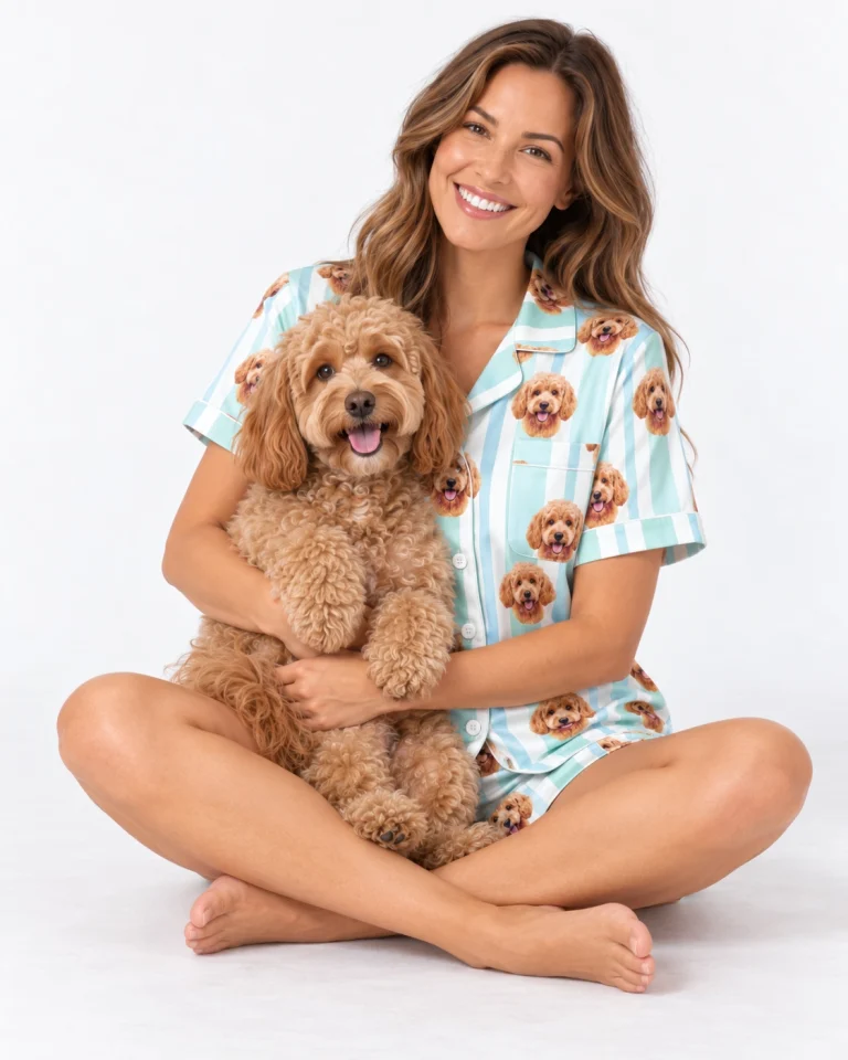 Woman in doodle face pajamas cuddling her doodle — MyDogPics