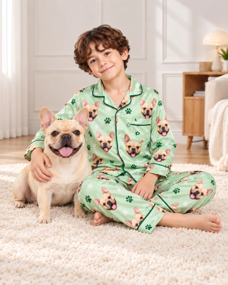 Boy in French bulldog jammies cuddling his French bulldog — MyDogPics