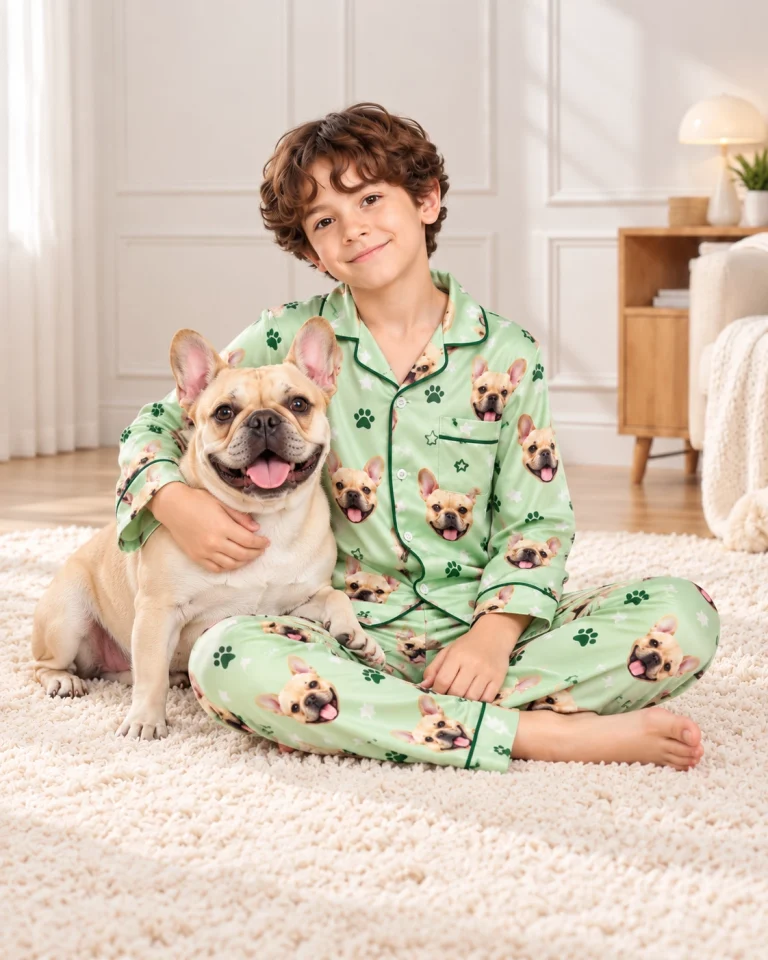 Boy in custom kids pajamas cuddling his French bulldog, fawn French bulldog faces on sage green satin
