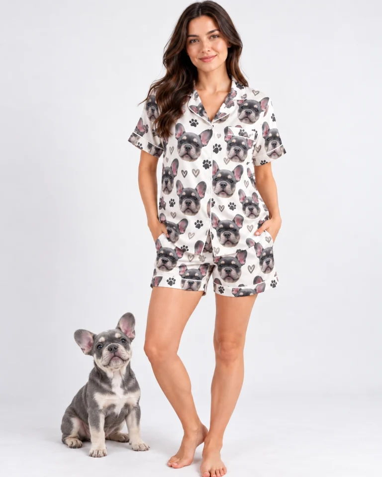 Woman wearing French bulldog pajamas for humans, standing next to her French bulldog — MyDogPics
