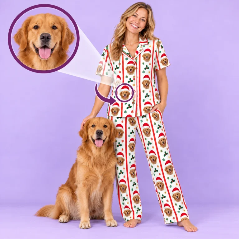 Personalized Christmas pajamas example: a golden retriever photo turned into an all-over face print with Santa hats