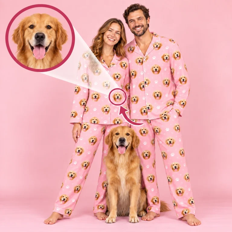 Golden retriever pajamas for humans: a golden retriever photo turned into the all-over face print — MyDogPics