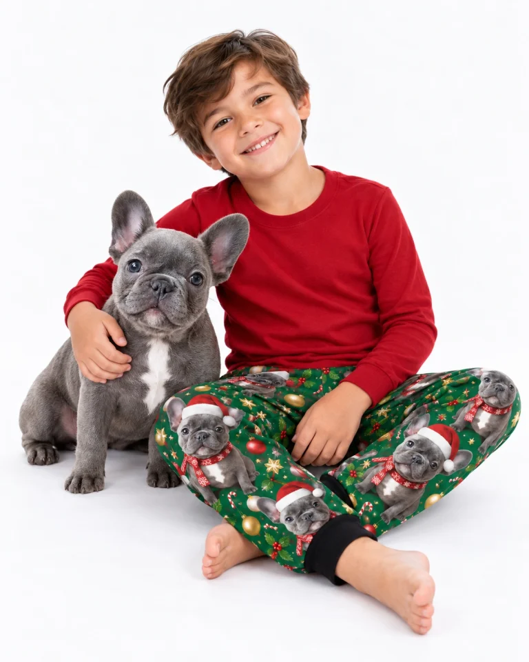 Boy in kids Christmas pajama pants cuddling his French bulldog — MyDogPics
