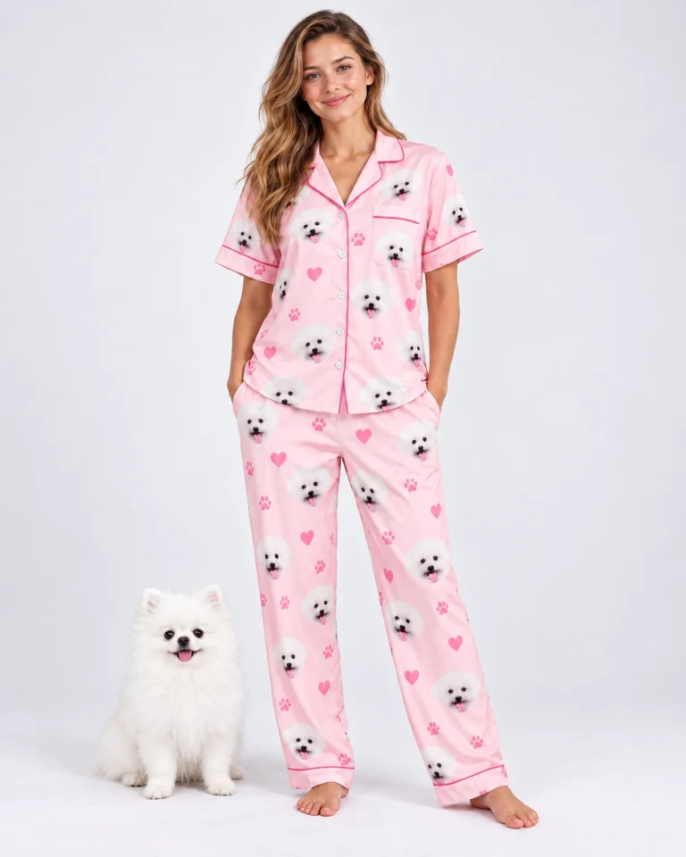 Woman in matching couple pajamas standing beside her Pomeranian — MyDogPics