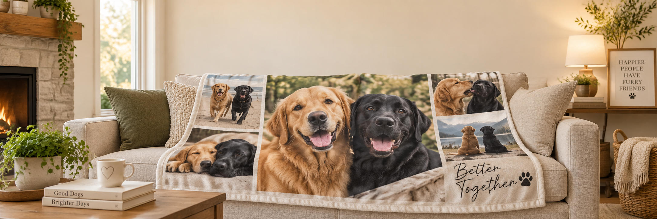 Custom photo blanket with a golden retriever and a black labrador on it — MyDogPics multi-dog gifts