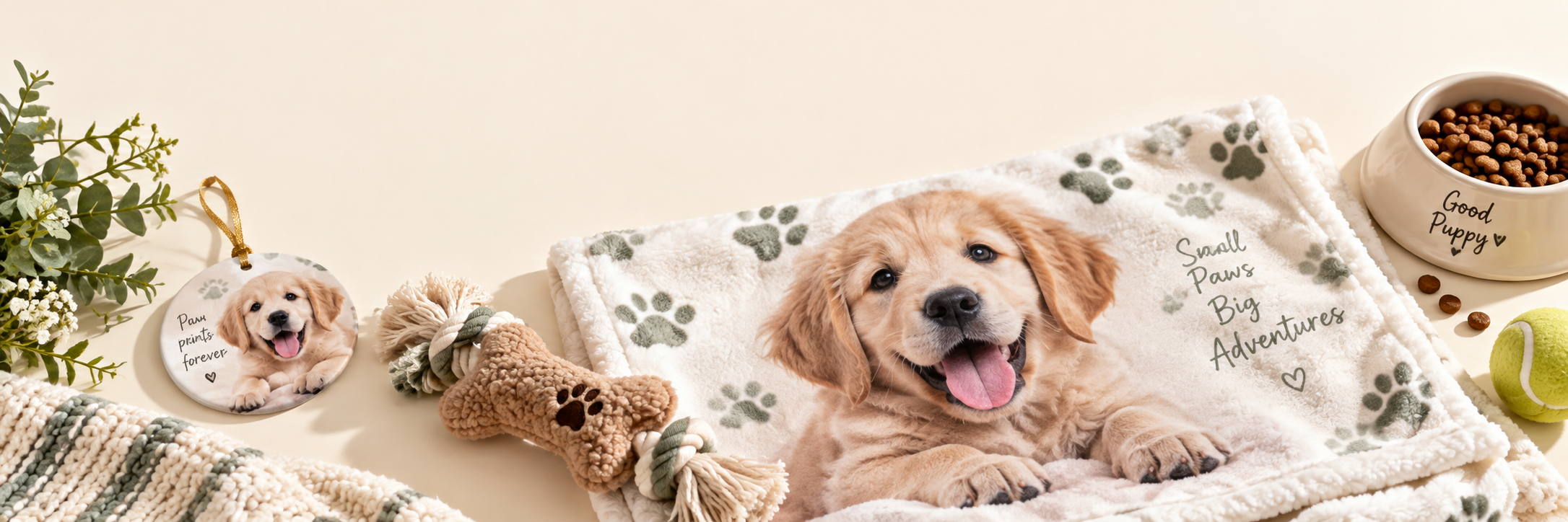 Golden retriever puppy photo printed on a custom blanket with a puppy-themed ornament and bowl — MyDogPics new puppy gifts