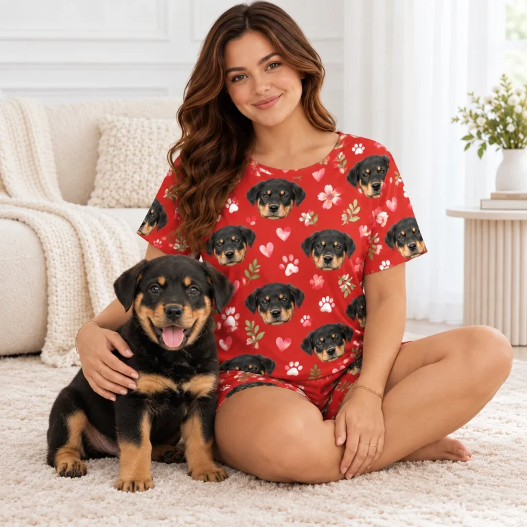 Woman in a pajama short set holding her Rottweiler puppy close — MyDogPics