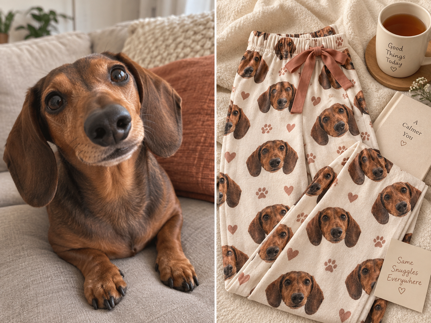 Dachshund photo turned into dog face pajama pants, before and after — MyDogPics