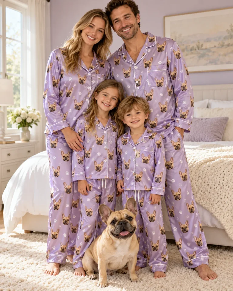 Family in satin pajama sets printed with their French bulldog's face, the bulldog beside them — MyDogPics