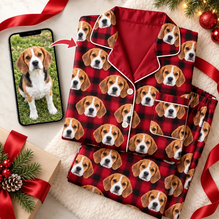 Beagle photo beside red plaid satin beagle pajamas printed with its face for Christmas — MyDogPics