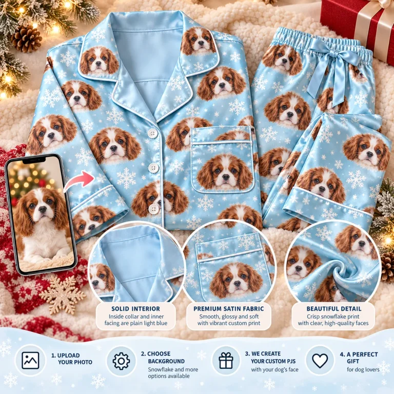 Poodle pajamas are made the same way, shown with a Cavalier: photo to snowflake satin set, with print close-ups — MyDogPics