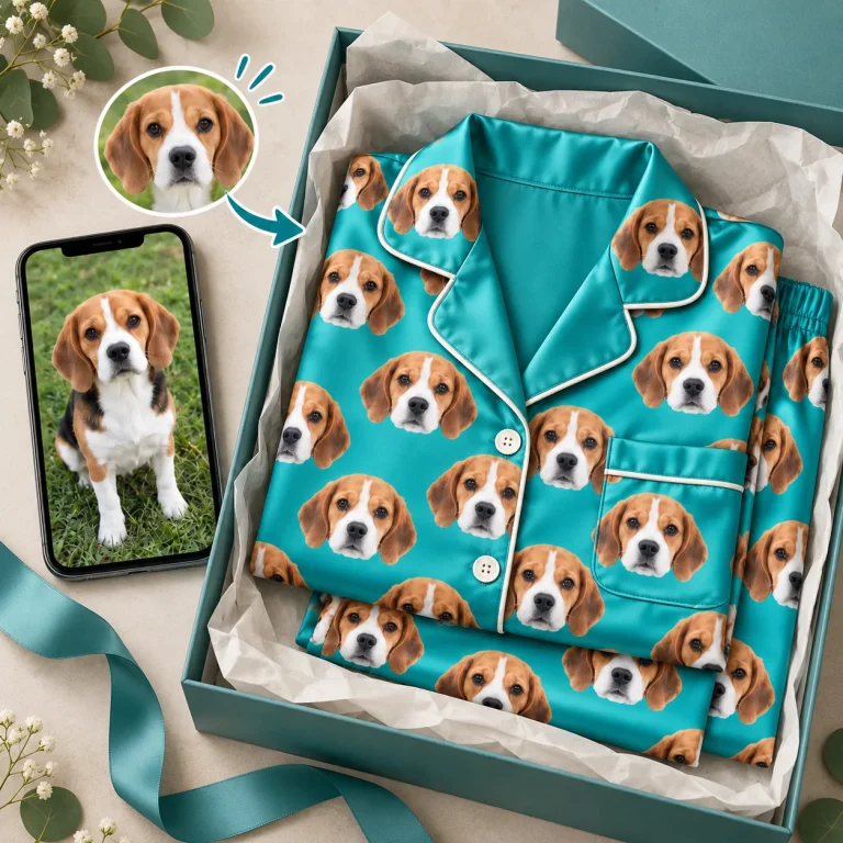 Beagle photo next to a teal satin set printed with the same face, packed in a gift box — MyDogPics