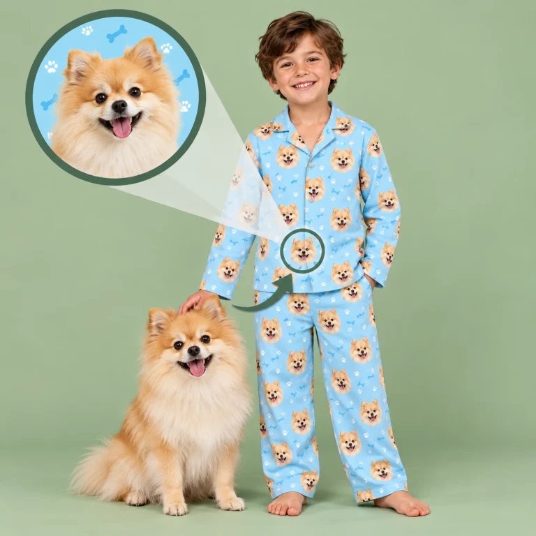 Pomeranian pajamas example: a Pomeranian photo turned into the all-over face print — MyDogPics