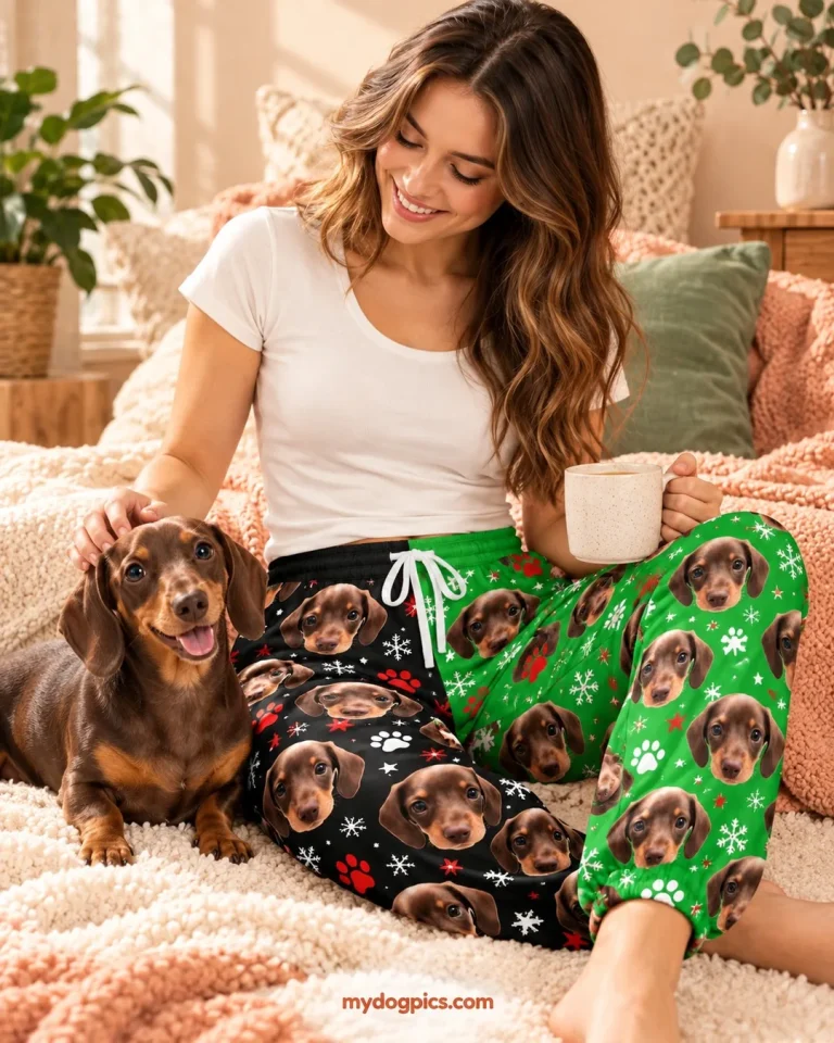 Woman in dachshund pajamas, snowflake-print pants with her dog's face, her dachshund beside her — MyDogPics