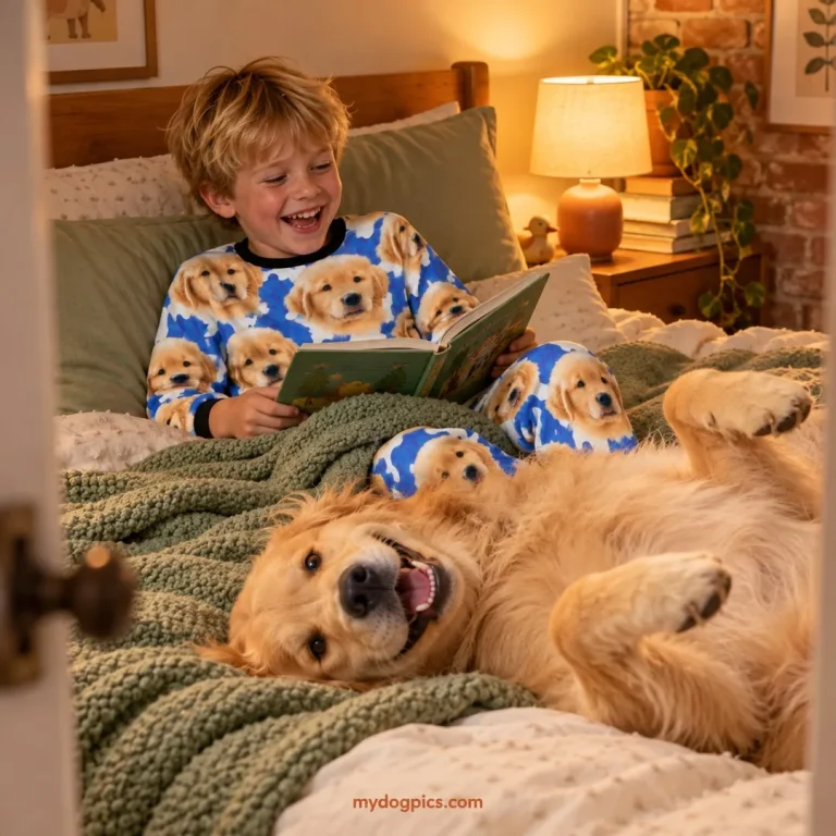 Boy in golden retriever pajamas reading in bed while his golden retriever rolls beside him — MyDogPics