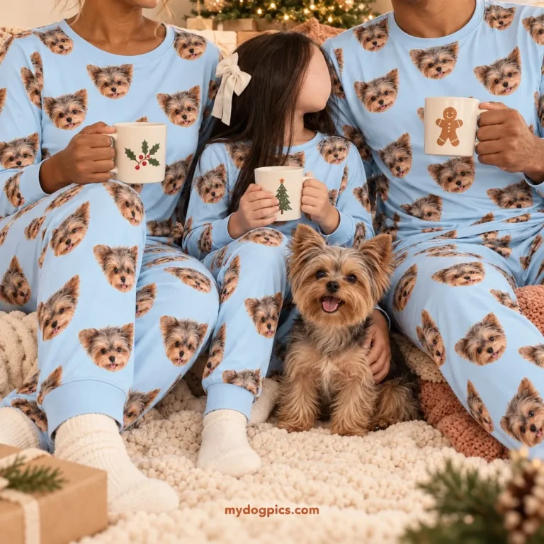 Family in matching Christmas pajamas with dog faces by the tree, their Yorkie on the rug — MyDogPics