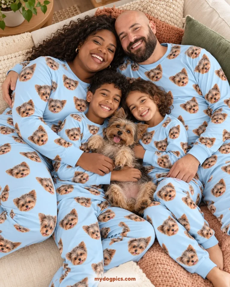 Family in matching yorkie pajamas printed with their dog's face, hugging their Yorkie — MyDogPics