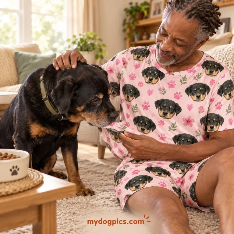 Man in pink rottweiler pajamas printed with his dog's face, petting his real Rottweiler — MyDogPics